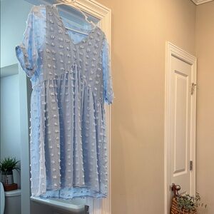 Source Unknown Light Blue Mini Dress with Textured Dot Detail